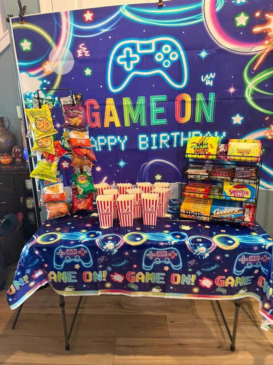 Neon "Game On" themed snack table